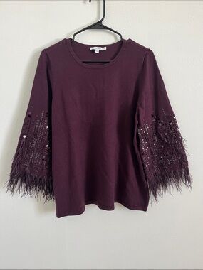 Chico's Plum Feather & Sequin Sleeve Sweatshirt Large